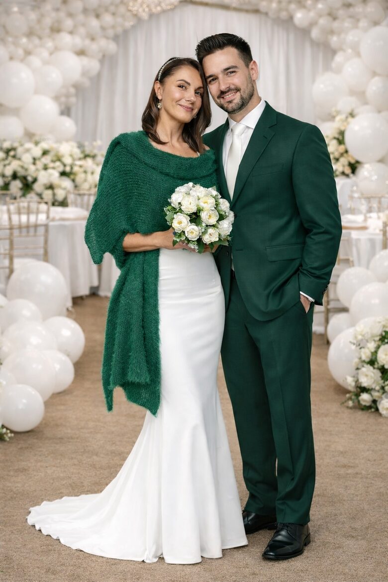 Smaragdzaļa adīta plecu šalle līgavai no vegāniem piemērotas akrila dzijas, kods VG20